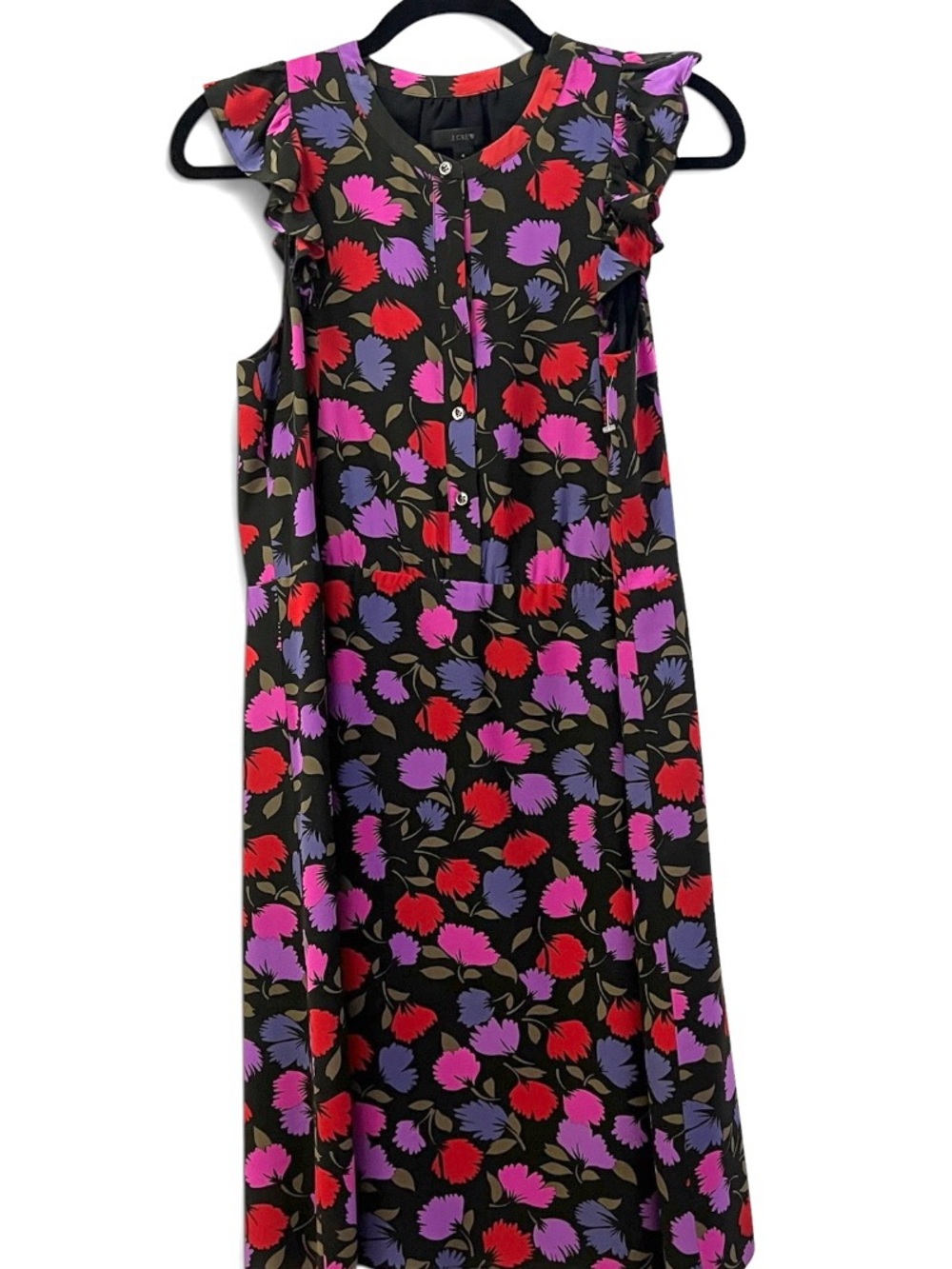J. Crew 100% Silk Bright Floral on Black Sleeveless Midi Dress Size 4